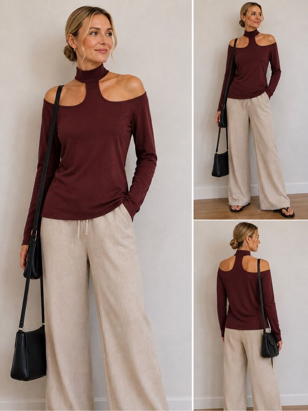 Express Burgundy Cold Shoulder Long Sleeve Top With Choker Neck Size S